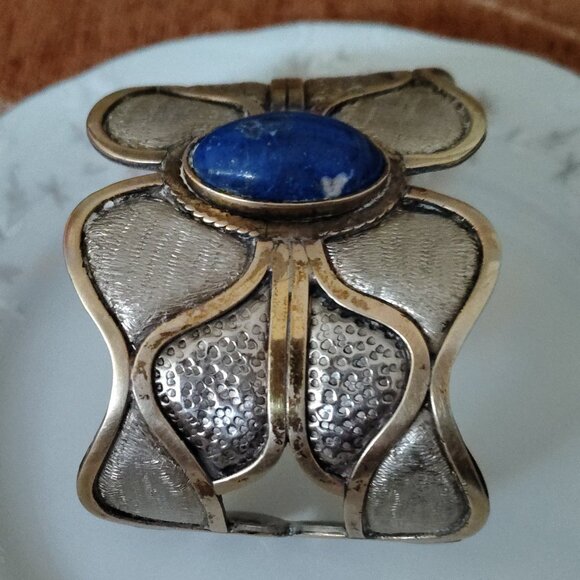 Vintage 1980s MORITA GIL Chile Mixed Metal & Lapis Lazuli Designer Bracelet 925 - Picture 2 of 10